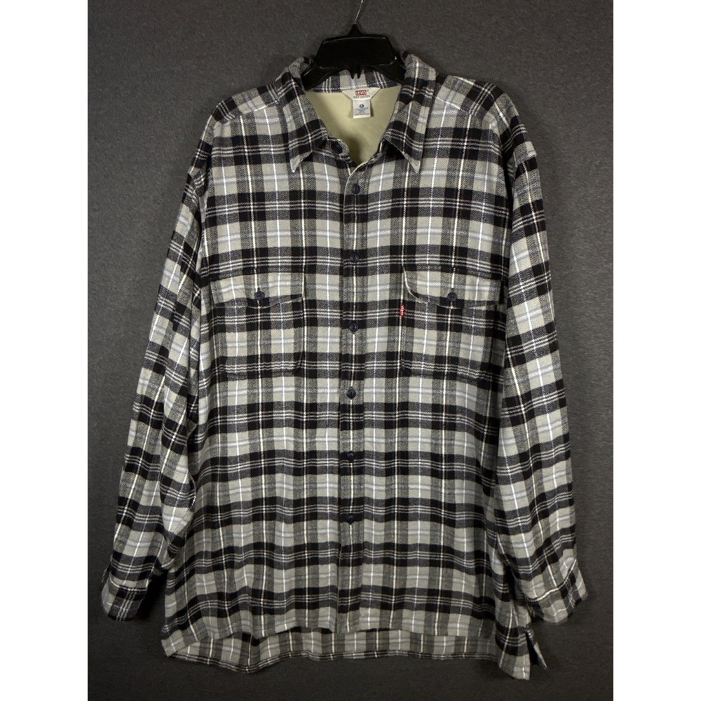 Levis Dry Goods Mens XL Black Grey Plaid Flannel Button Down Shirt Herringbone